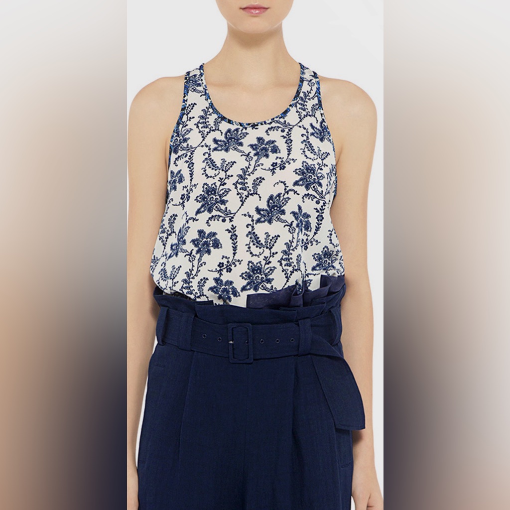 In Stores Now* Derek Lam 10 Crosby Floral Silk Tank In Blue And Off White